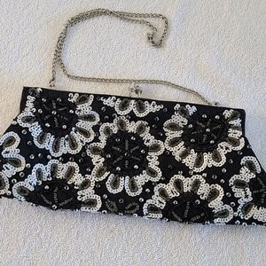 White House Black Market beaded bag Evening Bag WHBM Black White Floral